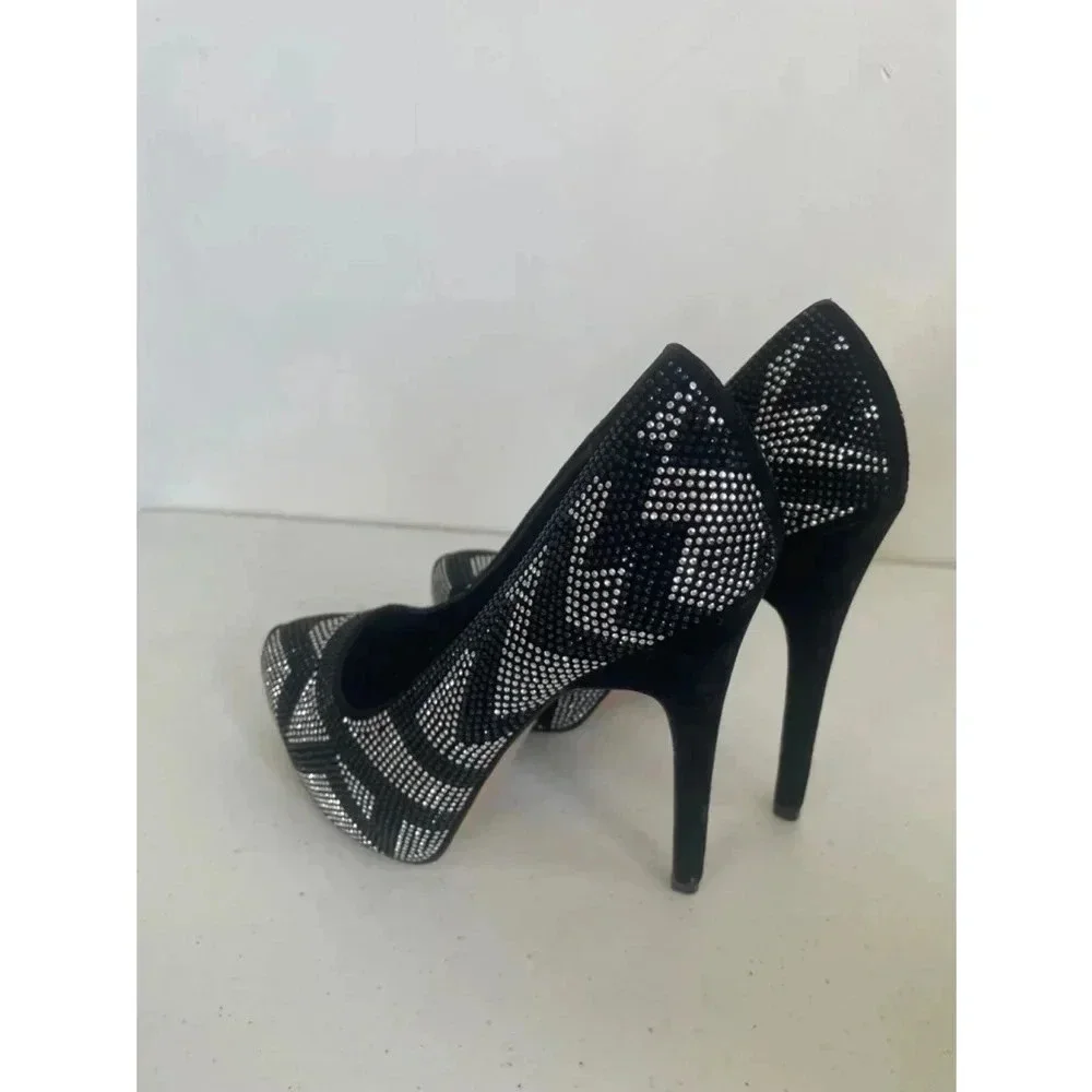 Women's Aldo Leather Chevron‎ Black Rhinestone 6” High Heels Size 8.5 EUC